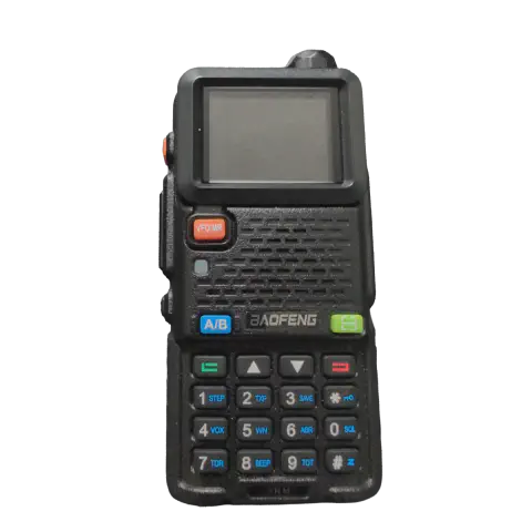 baofeng btech ar 5rm front view without antenna black textured body single control knob lcd display speaker grille numeric keypad function keys