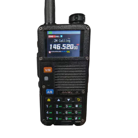 baofeng btech bf f8hp pro front view with black antenna attached black textured body single control knob lcd display numeric keypad control buttons ribbed speaker grille