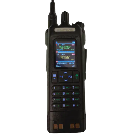 baofeng btech dm 32 uv front view with black antenna attached black textured body two control knobs lcd display control buttons numeric keypad