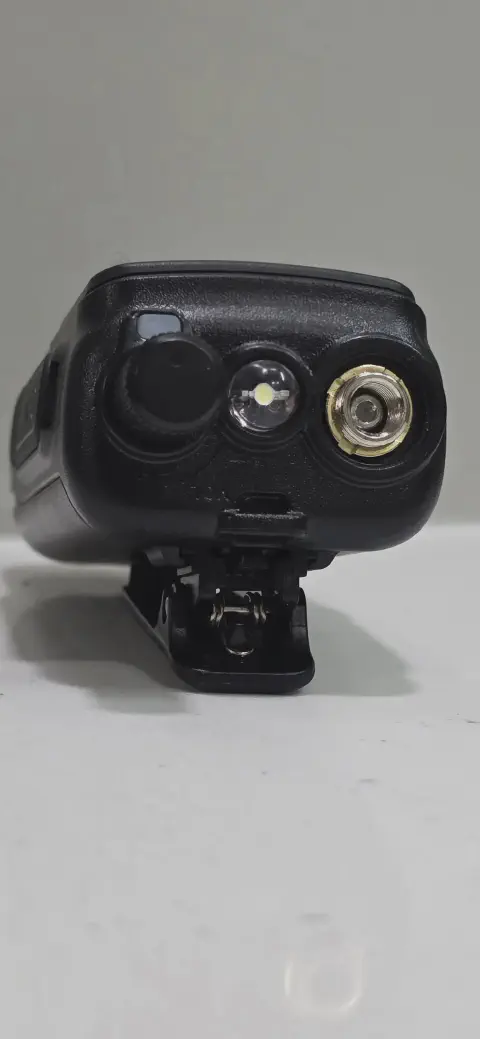 baofeng btech uv 5r mini top view showing sma m connector without antenna black textured body single control knob