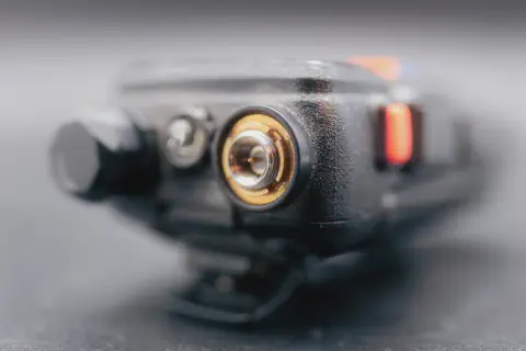 baofeng btech uv 5r v2 top view showing sma f connector without antenna black textured body single control knob