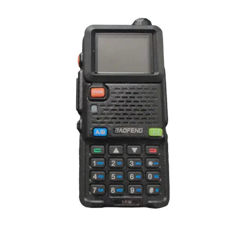 baofeng btech 5rm front view without antenna black textured body single control knob lcd display speaker grille numeric keypad function keys