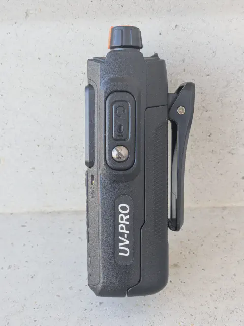 baofeng btech uv pro side view showing uv pro label microphone and speaker jack cover