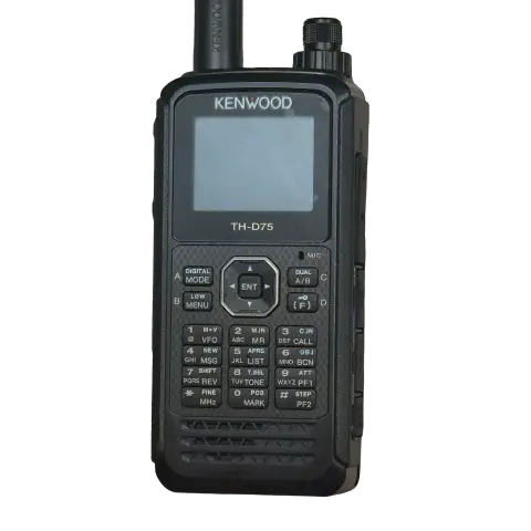 kenwood th d75a front view with black antenna attached black smooth body single stacked control knob lcd display control buttons numeric keypad speaker grille