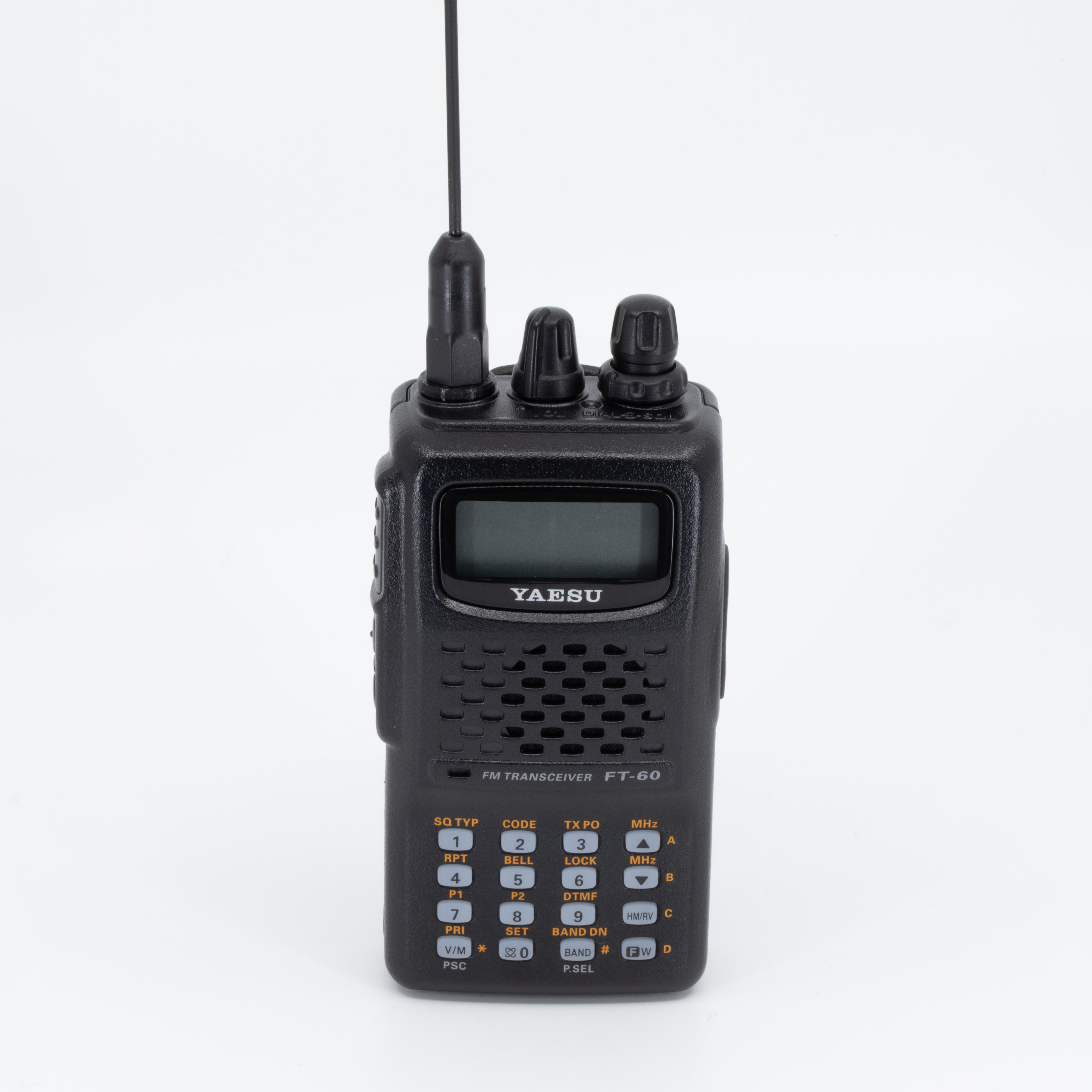 yaesu ft 60 handheld radio with black antenna attached using 3d printed spacer showing lcd display speaker grille and labeled numeric keypad with function buttons