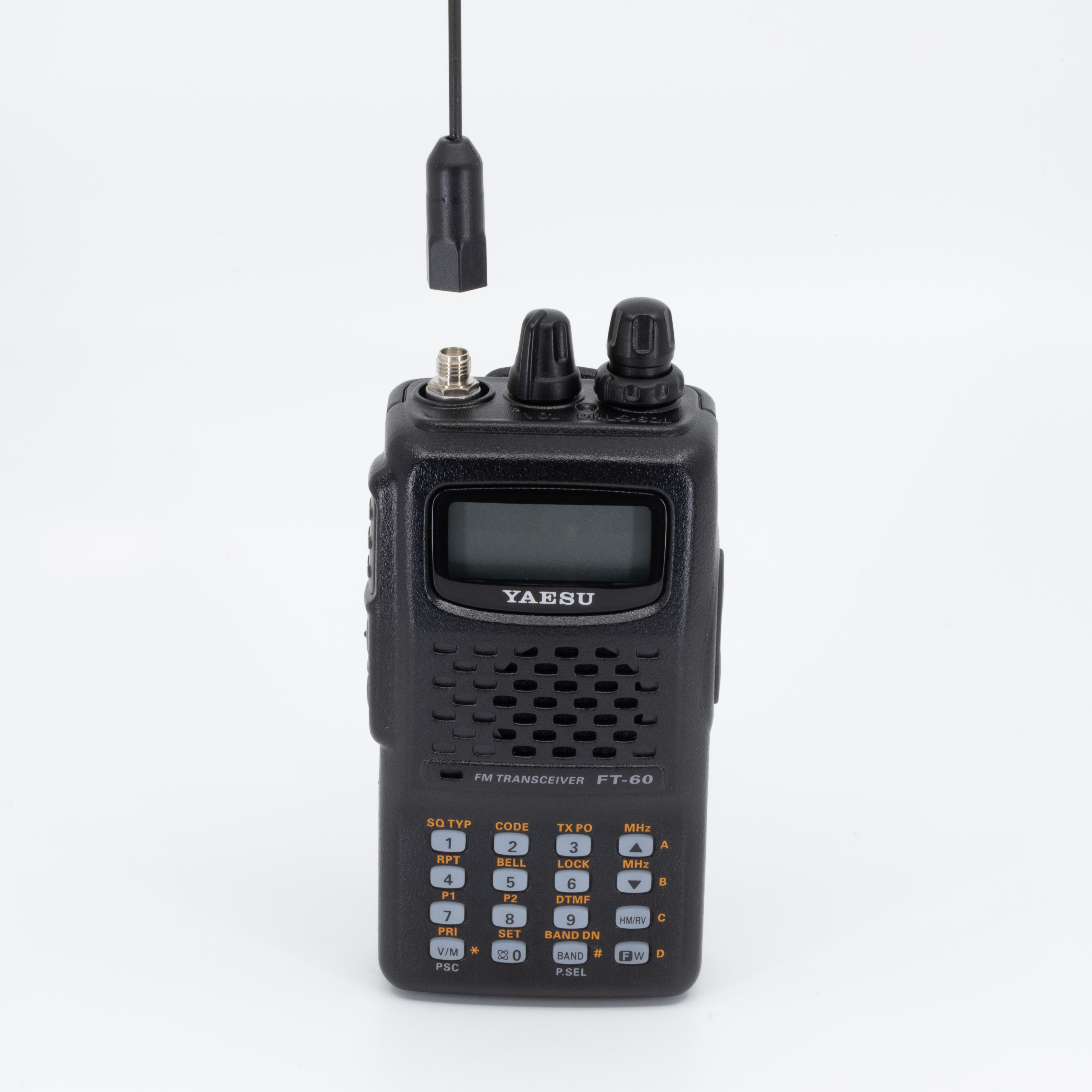 yaesu ft 60 handheld radio showing sma m connector without antenna attached black textured body lcd display speaker grille and labeled numeric keypad with function buttons