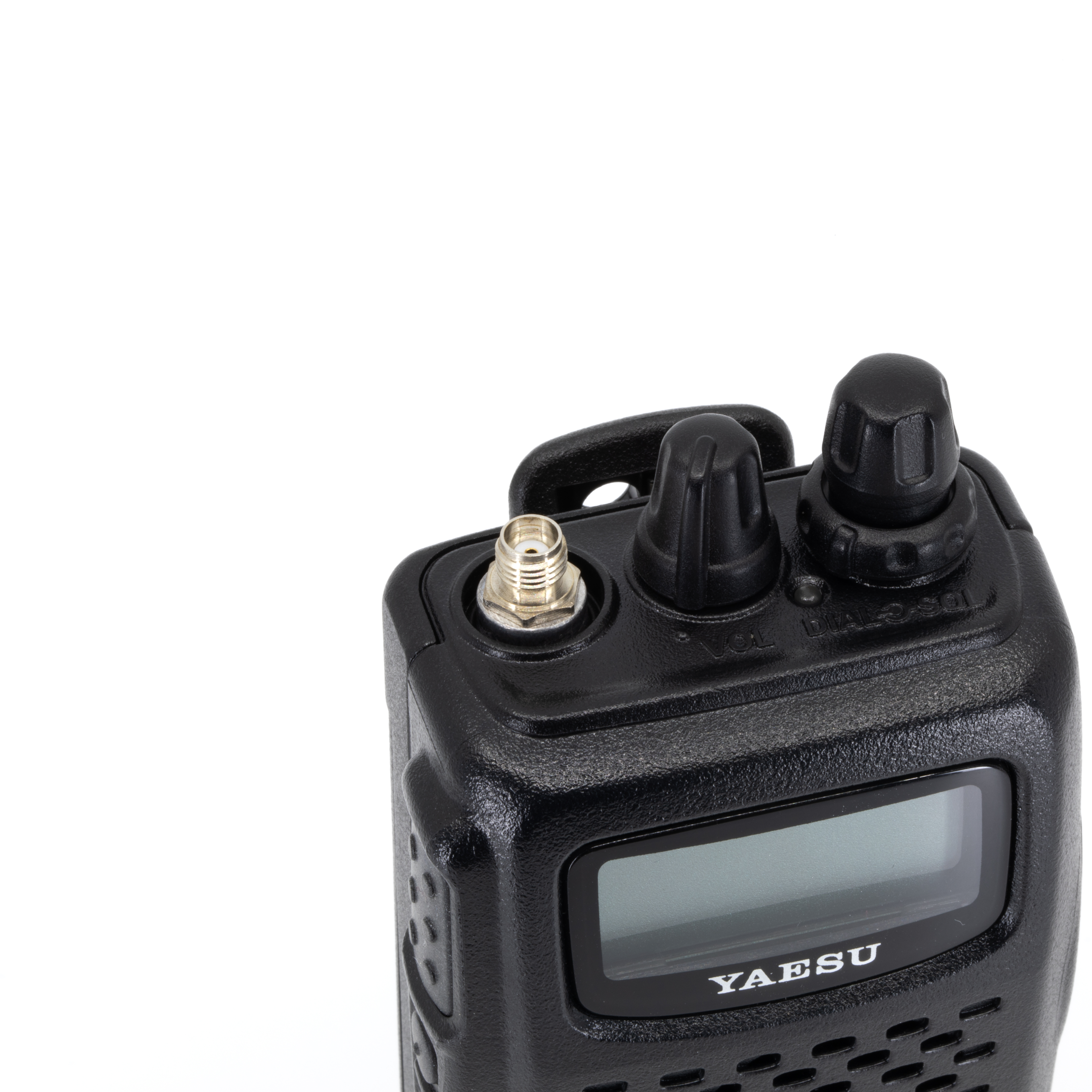 yaesu ft 60 top view showing sma m connector accepting sma f antenna dual control knobs carrying handle and lcd display