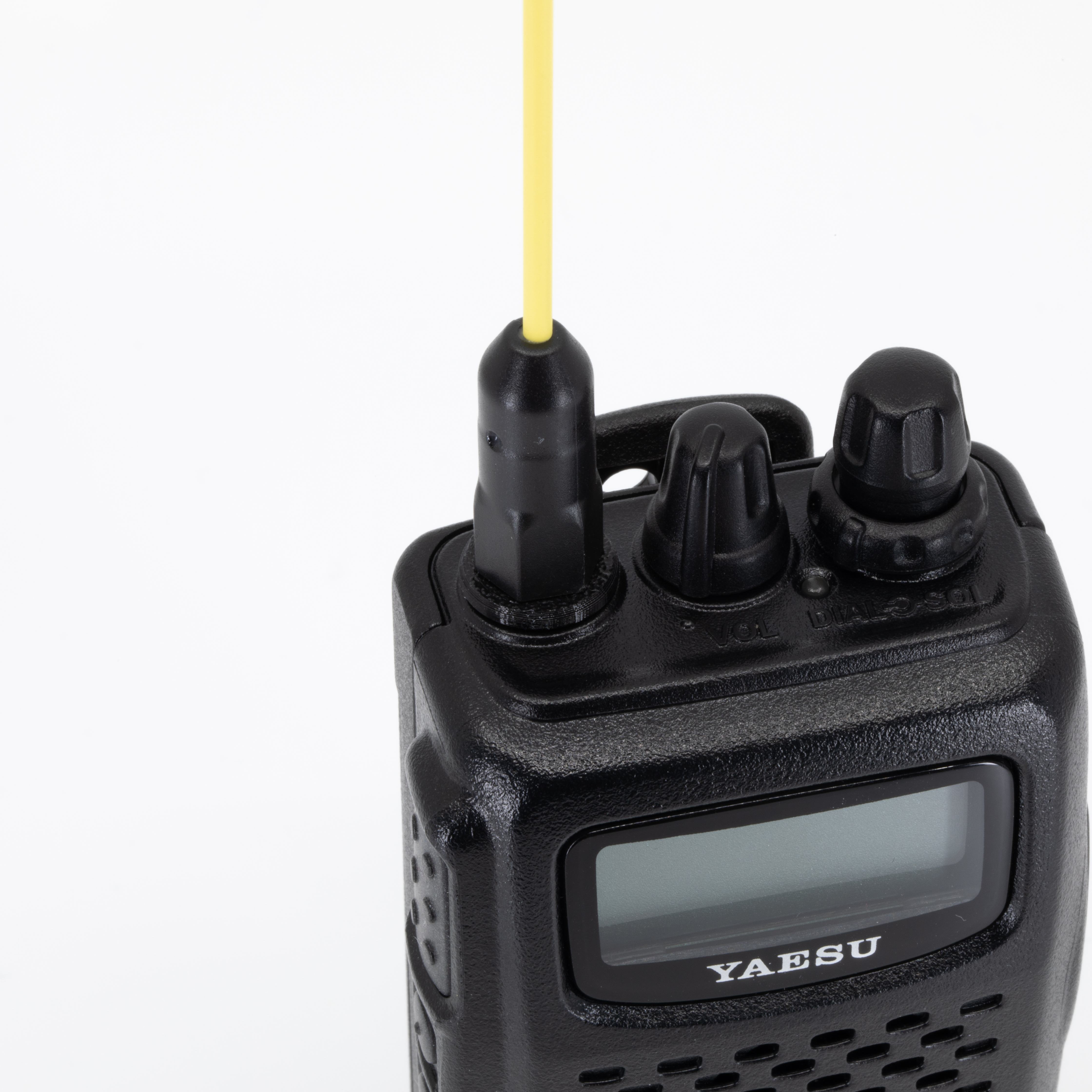 yaesu ft 60 top view showing yellow sma f antenna connected to sma m connector with 3d printed spacer dual control knobs carrying handle and lcd display