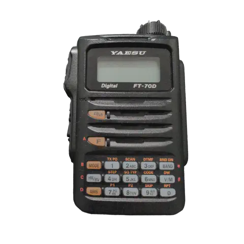 yaesu vertex ft 70d front view without antenna black textured body single control knob lcd display speaker grille numeric keypad function keys
