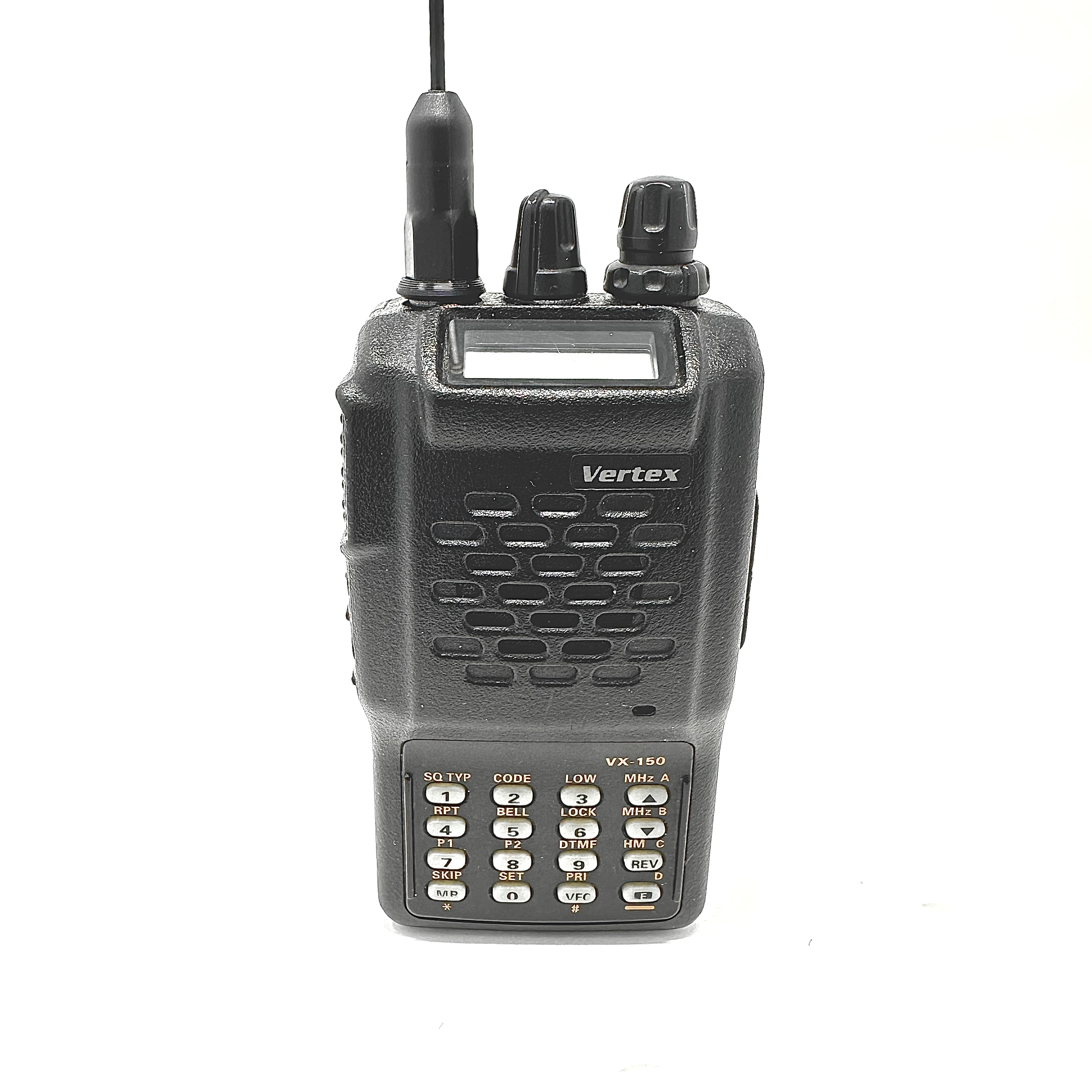 vertex vx150 handheld radio with black antenna showing black textured body with lcd display dual control knobs and numeric keypad with function labels